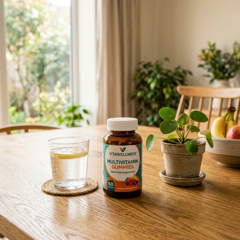 Dóza multivitamínových pastiliek NutriVivency pri pohári vody na stole